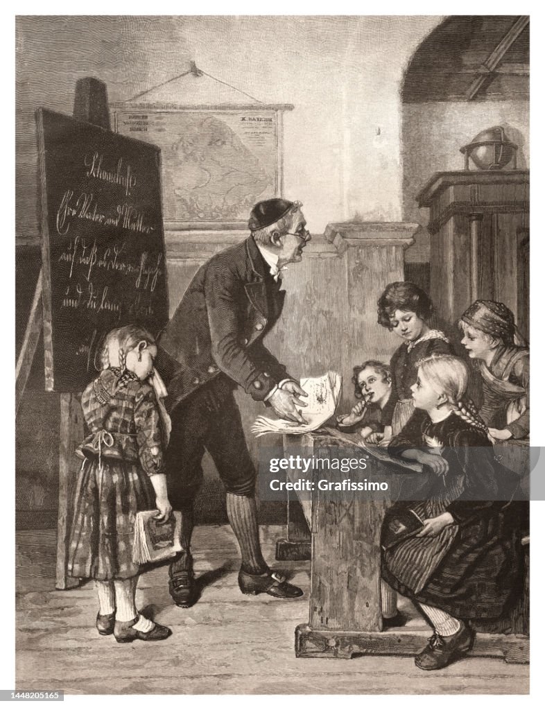 Old School Teacher And Pupils In Classroom 1888 High Res Vector Graphic old-school-teacher-and-pupils-in-classroom-1888-high-res-vector-graphic