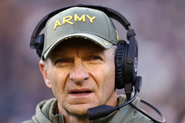 Head coach Jeff Monken of the Army Black Knights looks on during the first quarter at Lincoln Financial Field on December 10, 2022 in Philadelphia,...