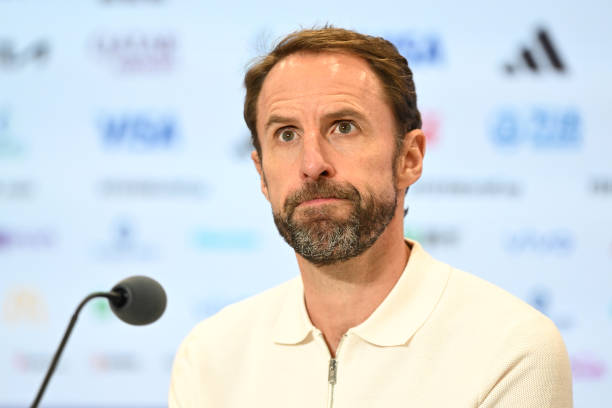 Gareth Southgate, Head Coach of England, speaks to the media in the post match press conference after the team's defeat during the FIFA World Cup...
