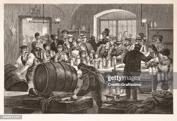 stockillustraties, clipart, cartoons en iconen met people waiting for beer at hofbräuhaus in munich 1888 - happy hour vintage