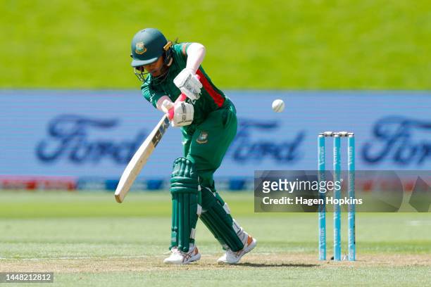 Sharmin Akhter of Bangladesh bats during the first One Day International match in the series between New Zealand White Ferns and Bangladesh at Basin...