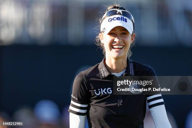 Denny McCarthy and Nelly Korda of the United States reacts on the 18th green during round two of the QBE Shootout at Tiburon Golf Club on December...