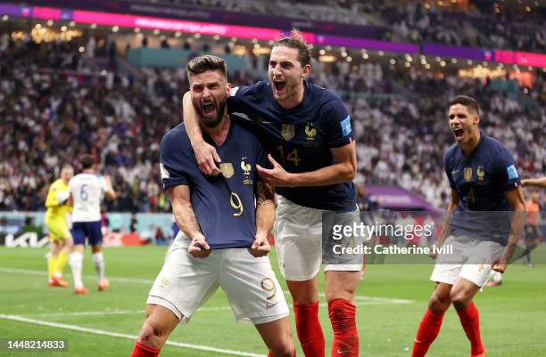 Olivier Giroud of France celebrates after scoring the team's second goal with Adrien Rabiot during the FIFA World Cup Qatar 2022 quarter final match...