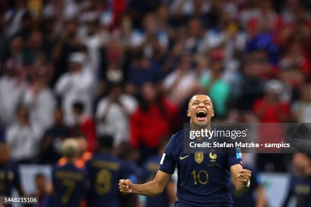 Kylian Mbappe of France celebrates after Harry Kane of England missed the goal during the FIFA World Cup Qatar 2022 quarter final match between...