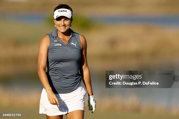 Lexi Thompson of the United States reacts on the 18th fairway during round two of the QBE Shootout at Tiburon Golf Club on December 10, 2022 in...