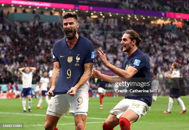 Olivier Giroud of France celebrates after scoring the team's second goal with Adrien Rabiot during the FIFA World Cup Qatar 2022 quarter final match...