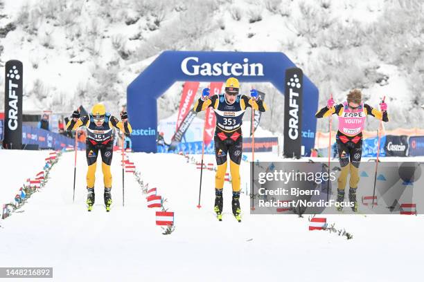 Johannes Ekloef of Sweden, Amund Riege of Norway, Herman Paus of Norway competes during the Ski Classics Bad Gastein PTT on December 10, 2022 in Bad...