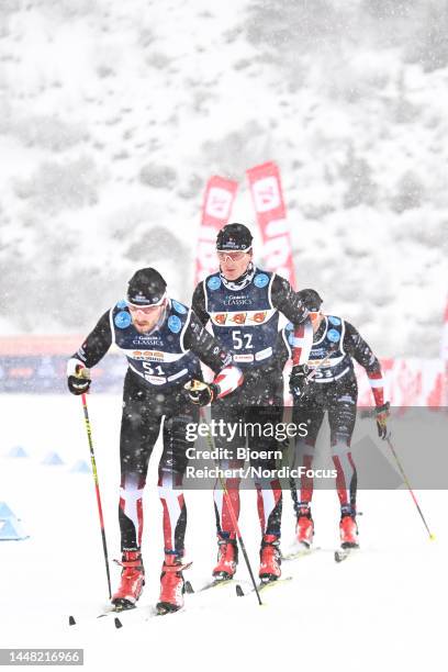 Joachim Thrane of Danmark, Bjoern Toft of Danmark, Sune Elmose of Danmark competes during the Ski Classics Bad Gastein PTT on December 10, 2022 in...