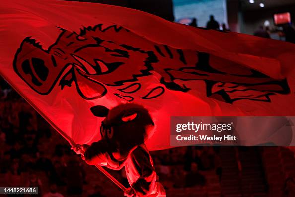 American Flag With Razorback Mascot of the Arkansas Razorbacks waves a flag before a game against ...
