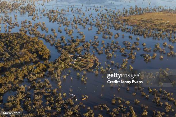 An aerial view of Delta Station surrounded by flood water on December 09, 2022 in Louth, Australia. Rainfall over recent weeks and months has caused...