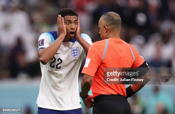 Jude Bellingham of England reacts to the referees decision during the FIFA World Cup Qatar 2022 quarter final match between England and France at Al...