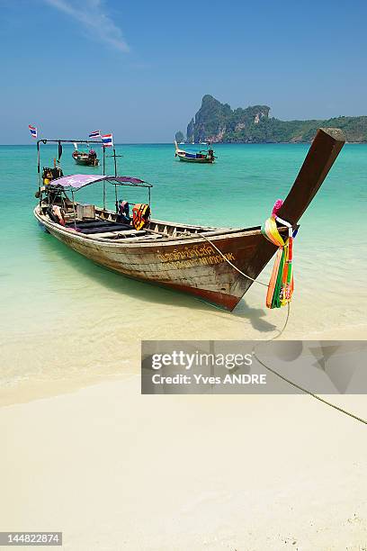 tail boat parked at beach in thailand - phi phi island stock pictures, royalty-free photos & images