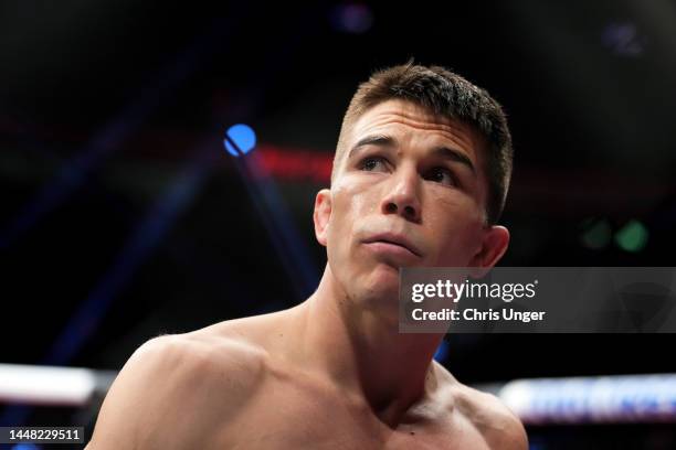 Alexander Hernandez stands in his corner before facing Billy Quarantillo in a featherweight fight during the UFC 282 event at T-Mobile Arena on...