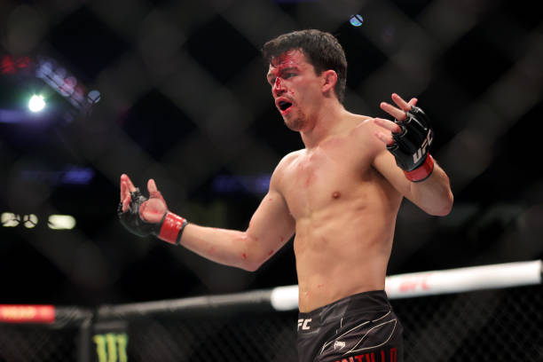 Billy Quarantillo reacts between rounds against Alexander Hernandez in a featherweight fight during the UFC 282 event at T-Mobile Arena on December...