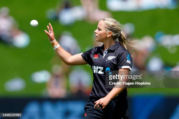 Jess Kerr of New Zealand prepares to bowl during the first One Day International match in the series between New Zealand White Ferns and Bangladesh...