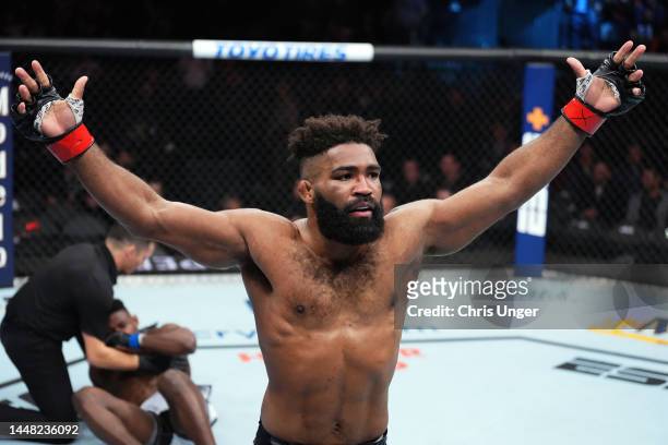Chris Curtis reacts after defeating Joaquin Buckley in a middleweight fight during the UFC 282 event at T-Mobile Arena on December 10, 2022 in Las...