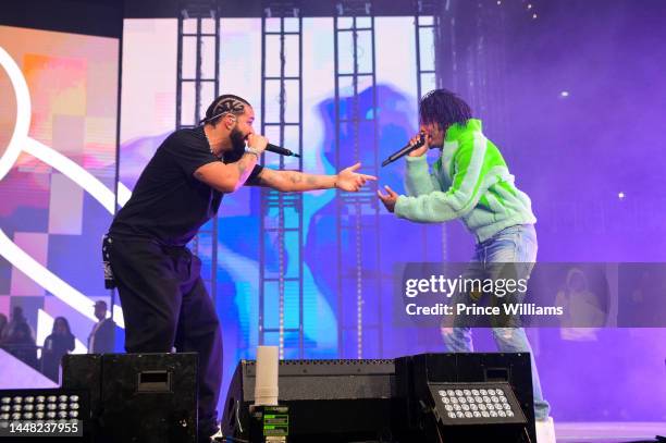 Rapper Drake and Rapper 21 Savage perform onstage during "Lil Baby & Friends Birthday Celebration Concert" at State Farm Arena on December 9, 2022 in...