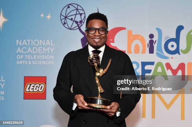 Elvin Ross, recipient of the Outstanding Music Direction and Composition for a Live Action Program award for "Sneakerella," poses in the press room...