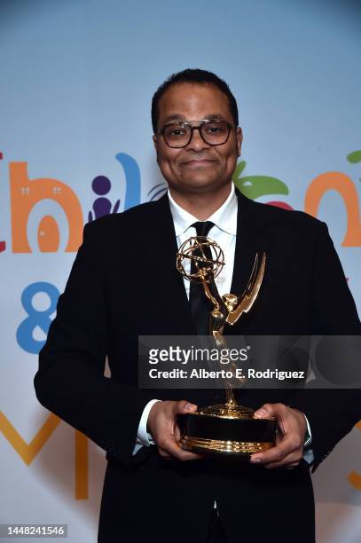 Daniel Edwards, recipient of the Outstanding Casting for a Live-Action Program award for "Heartstopper," poses in the press room during the 2022...