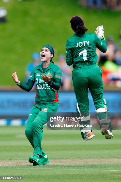 Jahanara Alam of Bangladesh celebrates after taking the wicket of Amelia Kerr of New Zealand during the first One Day International match in the...