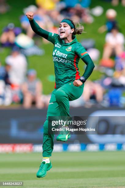 Jahanara Alam of Bangladesh celebrates after taking the wicket of Amelia Kerr of New Zealand during the first One Day International match in the...