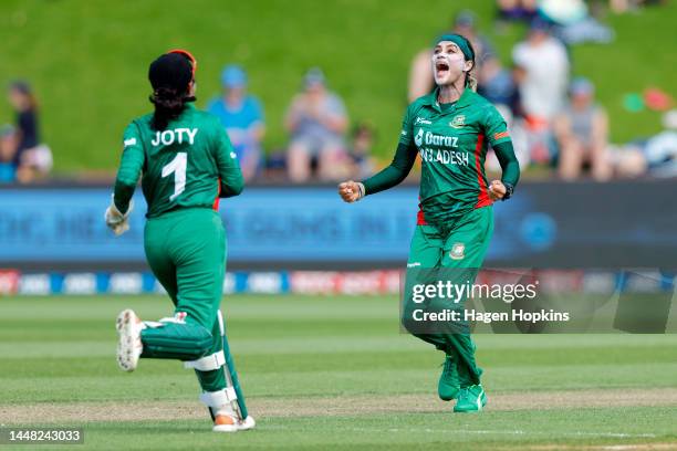 Jahanara Alam of Bangladesh celebrates after taking the wicket of Amelia Kerr of New Zealand during the first One Day International match in the...