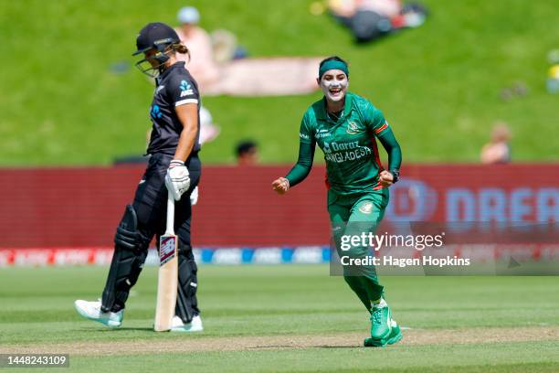 Jahanara Alam of Bangladesh celebrates after taking the wicket of Sophie Devine of New Zealand during the first One Day International match in the...