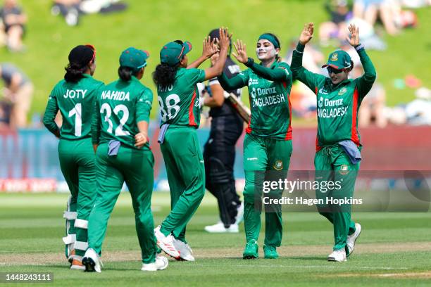 Jahanara Alam of Bangladesh celebrates after taking the wicket of Sophie Devine of New Zealand during the first One Day International match in the...