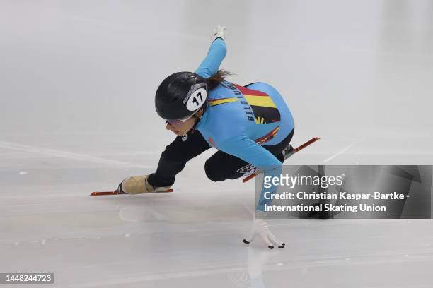 Hanne Desmet of Belgium performs during the ISU World Cup Short Track at Halyk Arena on December 10, 2022 in Almaty, Kazakhstan.