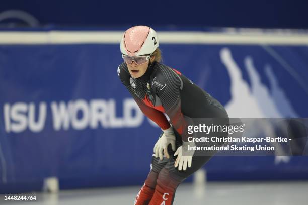 Kim Boutin of Canada reacts during the ISU World Cup Short Track at Halyk Arena on December 10, 2022 in Almaty, Kazakhstan.