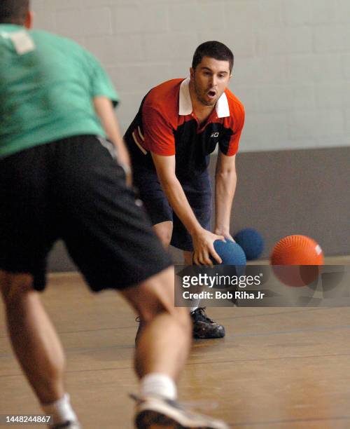 Dodgeball players David Benedetto from Santa Clarita prepares to battle Todd Gallagher from Los Angeles during dodgeball game with the Los Angeles...