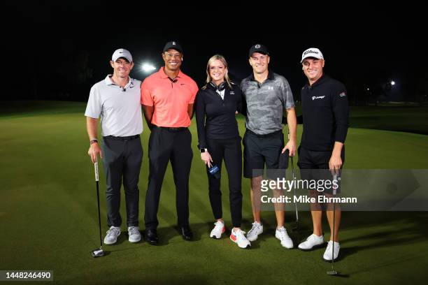 Rory McIlroy of Northern Ireland and Tiger Woods of the United States pose with Jordan Spieth of the United States and Justin Thomas of the United...