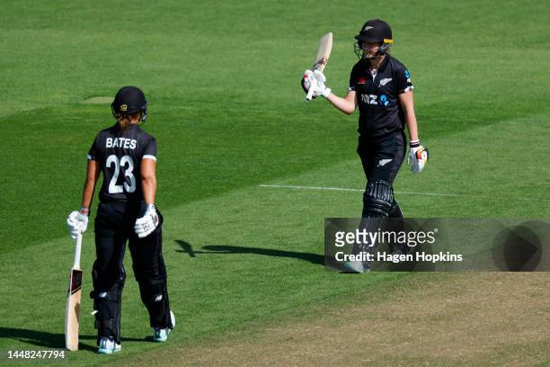 Maddy Green of New Zealand celebrates her half century during the first One Day International match in the series between New Zealand White Ferns and...
