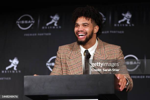 Quarterback Caleb Williams of the USC Trojans speaks to the media during a press conference after winning the 2022 Heisman Trophy at the New York...