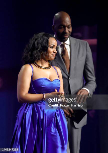 John Salley and Kyla Pratt speak onstage during the 2022 Children's & Family Creative Arts Emmys at Wilshire Ebell Theatre on December 10, 2022 in...