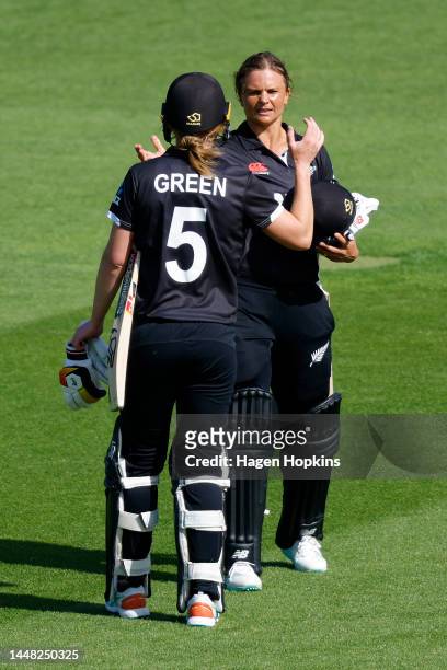 Maddy Green and Suzie Bates of New Zealand celebrate the win during the first One Day International match in the series between New Zealand White...