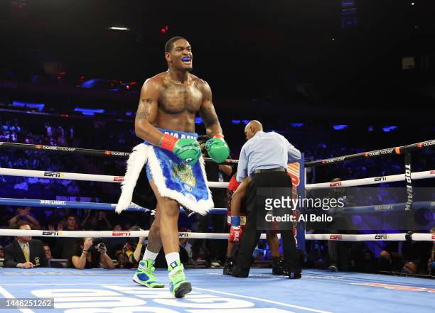 Jared Anderson celebrates his second round tko against Jerry Forrest during their heavyweight bout at Madison Square Garden on December 10, 2022 in...