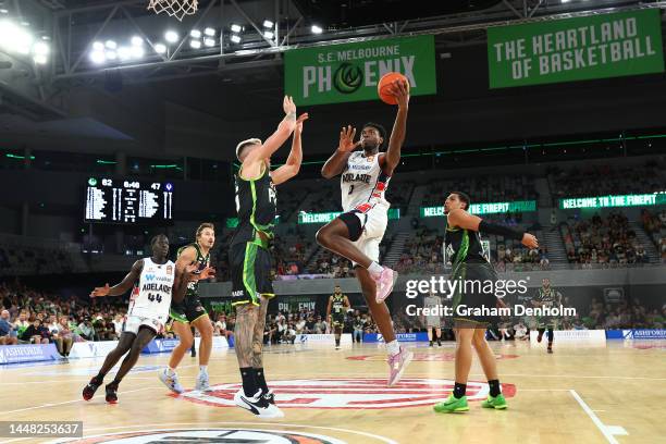 Robert Franks of the 36ers drives at the basket during the round 10 NBL match between South East Melbourne Phoenix and Adelaide 36ers at John Cain...