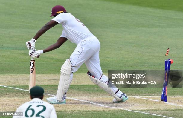 Jason Holder of West Indies bowled by Mitchell Starc of Australia during day four of the Second Test Match in the series between Australia and the...