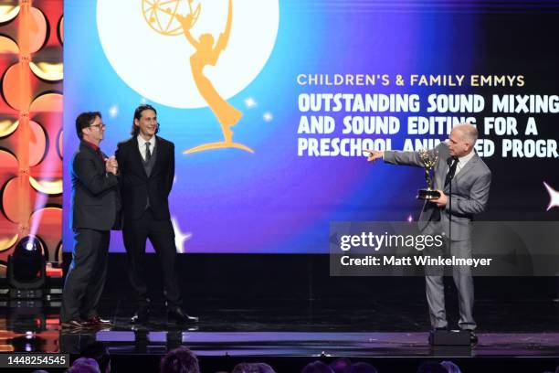 Martin Taylor, Nolan McNaughton, and Jamie Mahaffey accept the Outstanding Sound Mixing and Sound Editing for a Preschool Animated Program award for...