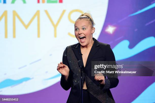 Host JoJo Siwa speaks onstage during the 2022 Children's & Family Creative Arts Emmys at Wilshire Ebell Theatre on December 10, 2022 in Los Angeles,...