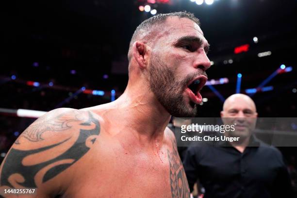 Santiago Ponzinibbio of Argentina reacts after defeating Alex Morono in a 180-pound catchweight fight during the UFC 282 event at T-Mobile Arena on...