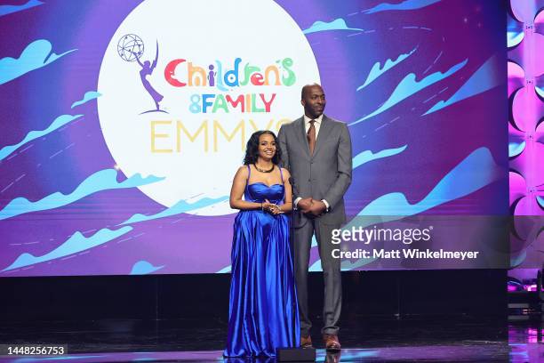 Kyla Pratt and John Salley speak onstage during the 2022 Children's & Family Creative Arts Emmys at Wilshire Ebell Theatre on December 10, 2022 in...