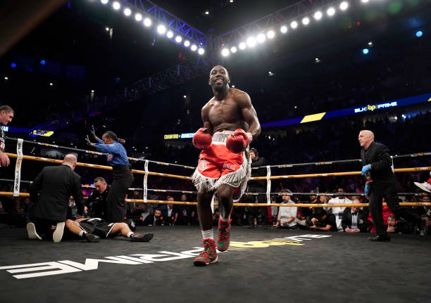 Champion Terence Crawford celebrates after knocking out David Avanesyan in the sixth round during their welterweight title fight at CHI Health Center...
