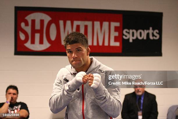Josh Thomson warms up backstage before his fight with Gilbert Melendez during the Strikeforce event at HP Pavilion on May 19, 2012 in San Jose,...