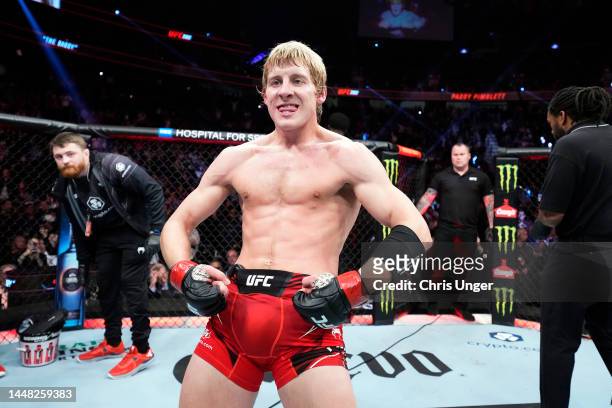 Paddy Pimblett of England reacts after defeating Jared Gordon in a lightweight fight during the UFC 282 event at T-Mobile Arena on December 10, 2022...