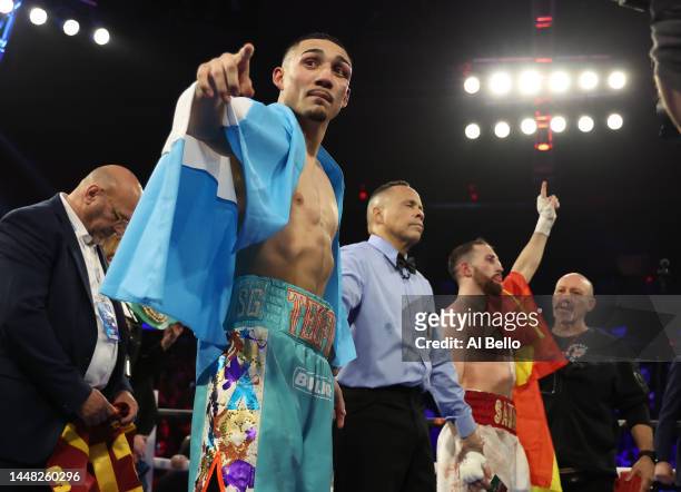 Teofimo Lopez celebrates his split decision win againstSandor Martin during their junior welterweight bout at Madison Square Garden on December 10,...