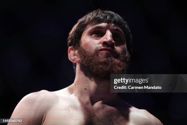 Magomed Ankalaev of Russia is introduced prior to facing Jan Blachowicz of Poland in their UFC light heavyweight championship fight during the UFC...