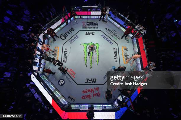 An overhead view of the Octagon as UFC Octagon Announcer Bruce Buffer introduces Jan Blachowicz of Poland and Magomed Ankalaev of Russia in their UFC...