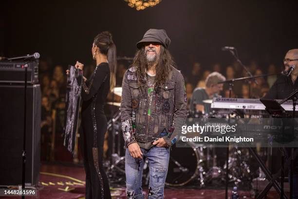 Musician Rob Zombie appears on stage to help auction a photo of Zombie donated by Getty Images photographer Daniel Knighton at Alice Cooper's 20th...